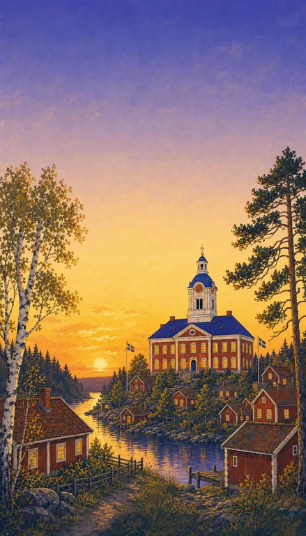 En svensk kommun vid vattnet i kvällsljus